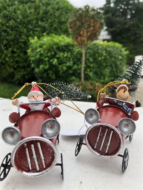 Juletræspynt - julemand og rensdyr i bil